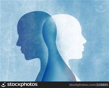 Bipolar disorder mind mental. Split personality. Mood disorder. Dual personality concept. Silhouette on blue background
