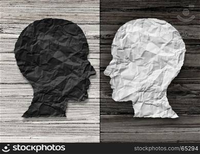 Bipolar mental health and brain disorder concept as a human head in paper divided in two colors as a neurological mood and emotion symbol or medical psychological metaphor for social behavior challenges in a 3D illustration style.