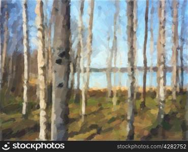 Birch Tree oil paint. Forest of Birch trees in Finland oil painting