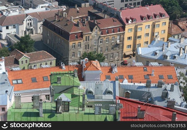 bird&acute;s-eye view of colorful roofs of tallinn, estonia