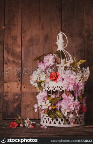 Bird cage with spring blossom of sakura and fruit flowers. Wedding decorations with copy space. Bird cage with wooden heart