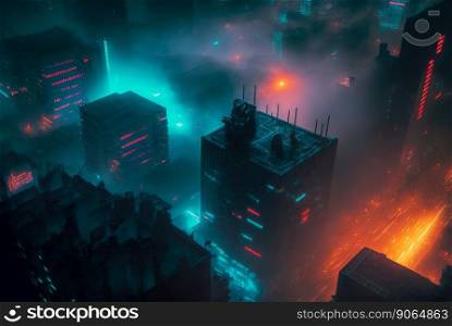 Bird-eye view on cyberpunk neon city at night. Fog and glowing lights. Generative AI.. Bird-eye view on cyberpunk neon city at night. Fog and glowing lights. Generative AI
