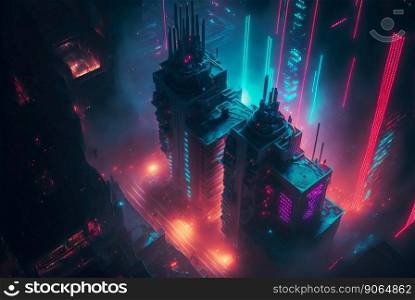 Bird-eye view on cyberpunk≠on city at night. Fog and glowing lights. Ge≠rative AI.. Bird-eye view on cyberpunk≠on city at night. Fog and glowing lights. Ge≠rative AI