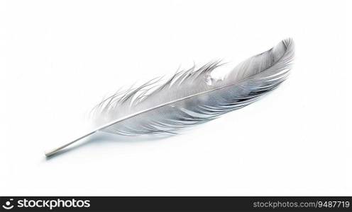 Bird feather on white background.  Beautiful bird plumage or wing element, isolated smooth feather. Generated AI
