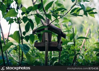 Bird house on a tree among the green leaves in springtime. Shelter and feeder for birds. Wildlife close to human. Copy space room for text
