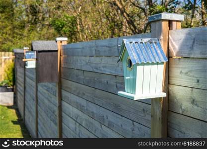 Bird houses on a row at a fence in the spring