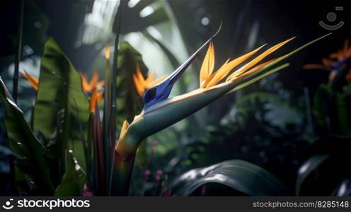 Bird of paradise flower in the forest. Ai generated.