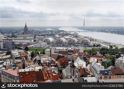 bird&rsquo;s-eye view from Riga cathedral on Old town and Daugava river. Riga, Latvia