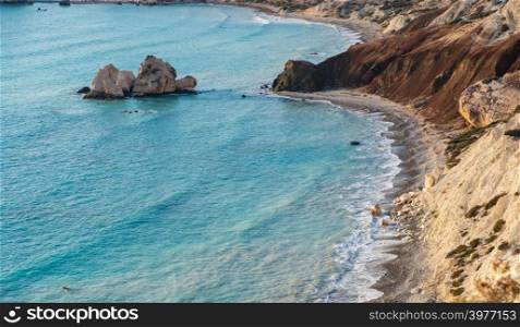 Bird&rsquo;s eye view of Petra tou Romiou rock on a beautiful afternoon, considered to be Aphrodite&rsquo;s birthplace in Greek mythology. This is a famous tourist travel destination landmark in Paphos, Cyprus.