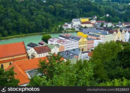 Bird&rsquo;s Eye View on the Bavarian Town of Burghausen and River Salzach, Germany