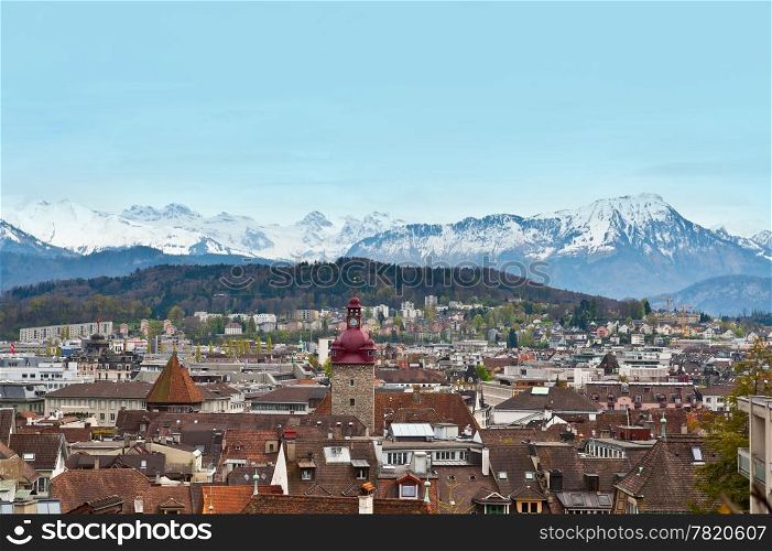 Bird&rsquo;s Eye View to the City of Lucerne on the Background of Snow-capped Alps, Switzerland