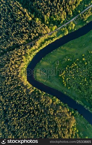 Bird?s-eye view of the river Nerl and a forest road, Russia