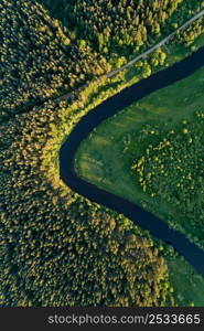 Bird?s-eye view of the river Nerl and a forest road, Russia