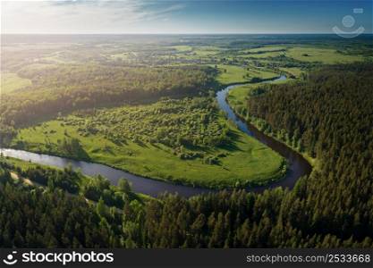 Bird?s-eye view of the river Nerl, forests and meadows, Russia