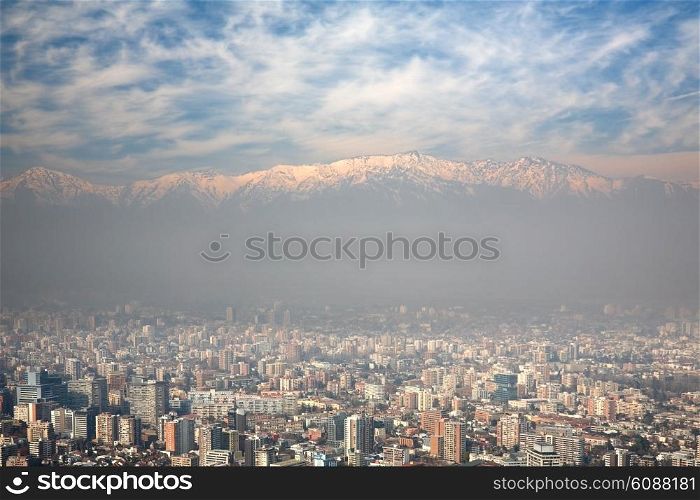 birdeye view of Andes and Santiago, Chile, view from Cerro San Cristobal