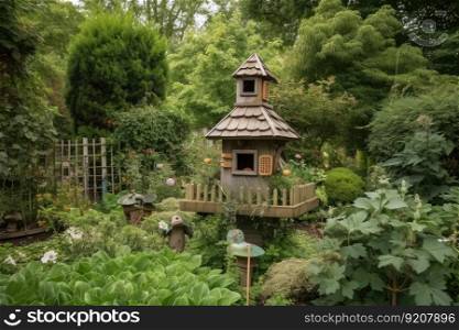 birdhouse and feeders surrounded by lush greenery in garden setting, created with generative ai. birdhouse and feeders surrounded by lush greenery in garden setting