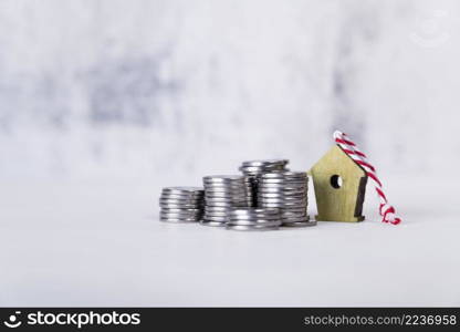 birdhouse ornaments with stack coins white surface