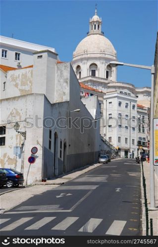 birds eye view of the famous Pantheon or Santa Engracia church in Lisbon, Portugal (blue sky background)