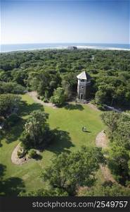 Birds eye view of tower building in wooded park at Bald Head Island, North Carolina.
