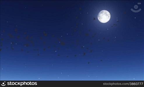 birds flying by moon, stars twinkling in night sky.