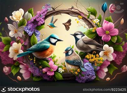 Birds on a wreath with flowers illustration. AI generative.
