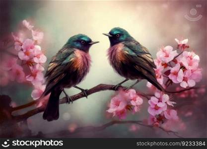 Birds tree branch flowers. Wild bird day. Generate Ai. Birds tree branch flowers. Generate Ai