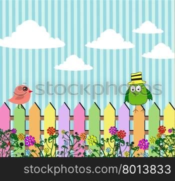 Birds with bubbles speech and garden fence nature