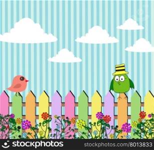 Birds with bubbles speech and garden fence nature