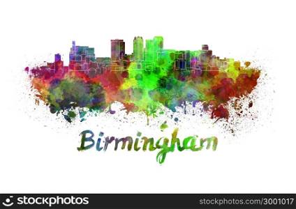 Birmingham skyline in watercolor splatters with clipping path. Birmingham skyline in watercolor