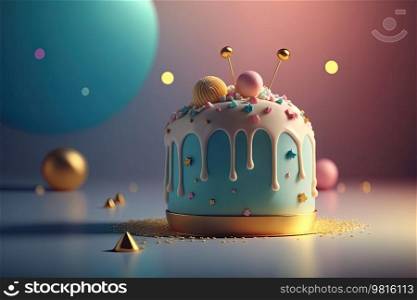 Birthday Background with Cake. Illustration AI Generative