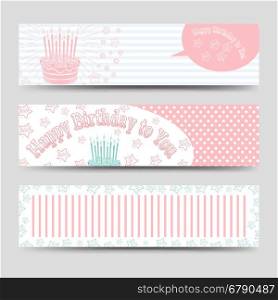 Birthday banners template with cake. Birthday banners template with cake stars and Happy Birthday lettering. Vector illustration