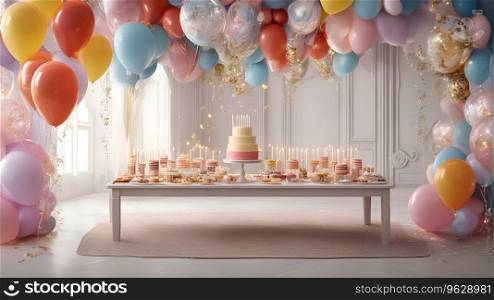 Birthday cake and balloons on a white table. 3d rendering