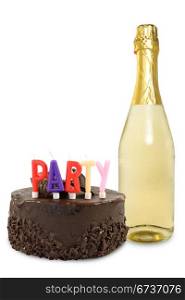 birthday cake and champagne bottle over a white background