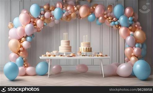 Birthday cake and pastel balloons. 3D rendering. 3D illustration.