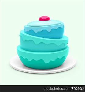 Birthday cake isolated on blue background. 3d illustration. Birthday cake