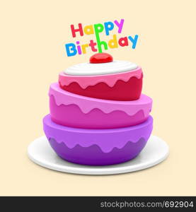 Birthday cake isolated on orange background. 3d illustration. Birthday cake