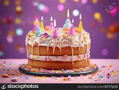 Birthday cake with candles and decorations on party table with bokeh.AI Generative.