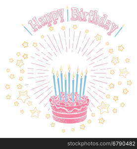 Birthday cake with candles and stars. Hand drawn birthday cake with candles stars and greetings lettering isolated on white. Vector illustration