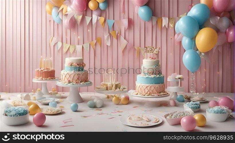 Birthday cake with candles on pink wall background. 3d render