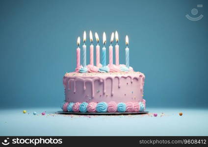 Birthday cake with candles on table against light blue background. Party birthday concept.