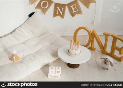 Birthday celebration baby first year, photo zone at home or in a photo studio