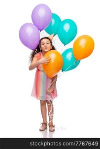 birthday, childhood and people concept - portrait of happy little girl in dress and party hat with balloons over white background. happy girl in birthday party hat with balloons