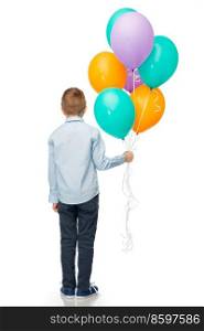 birthday, childhood and people concept - portrait of smiling little boy with balloons over white background. happy boy with balloons