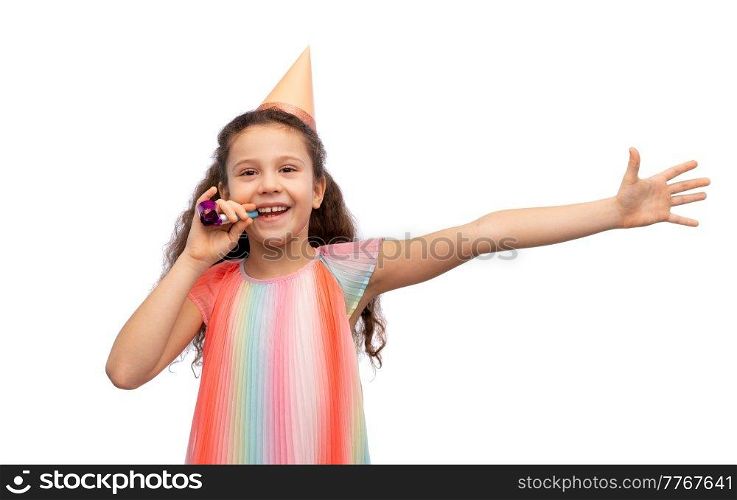 birthday, childhood and people concept - portrait of smiling little girl in party hat with blower having fun over white background. smiling girl in birthday party hat with blower