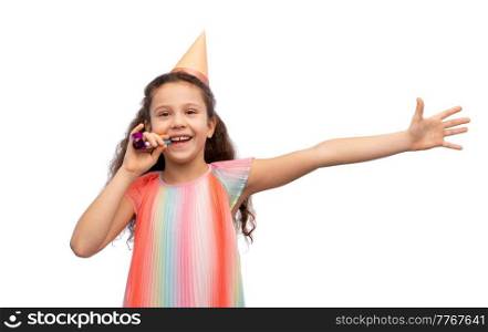 birthday, childhood and people concept - portrait of smiling little girl in party hat with blower having fun over white background. smiling girl in birthday party hat with blower
