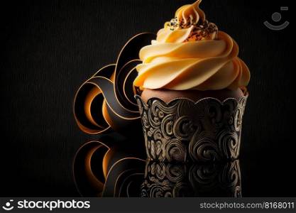 birthday cupcake on Bllack. Illustration Generative AI 