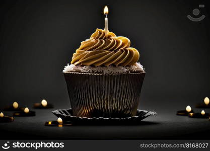 birthday cupcake on Bllack. Illustration Generative AI 