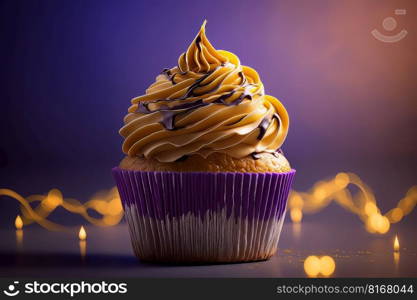 birthday cupcake on dark background. Illustration Generative AI 