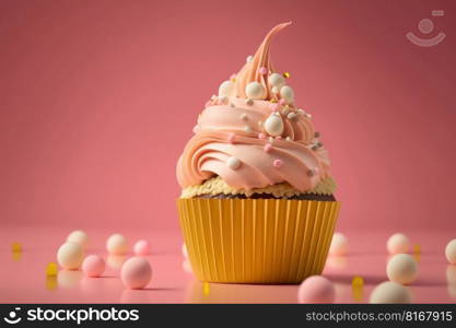 birthday cupcake on pink. Illustration Generative AI 