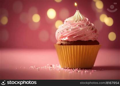 birthday cupcake on pink. Illustration Generative AI 